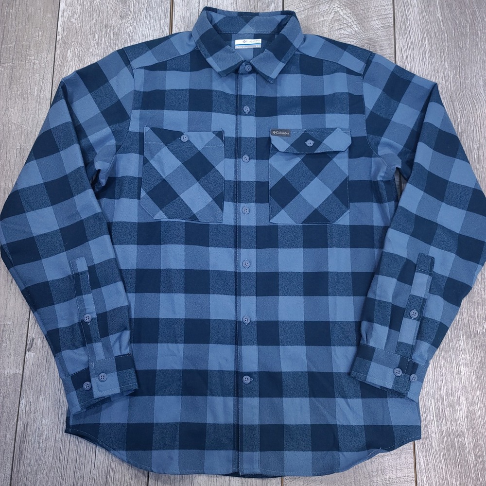 Columbia Outdoor Elements Shirt Mens Medium Blue Buffalo Plaid Stretch Flannel